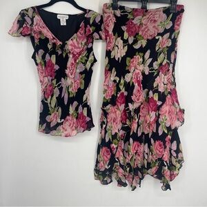 Vintage Y2K Pink Floral Whimsigoth Top Skirt Black Romantic Fairy Coquette